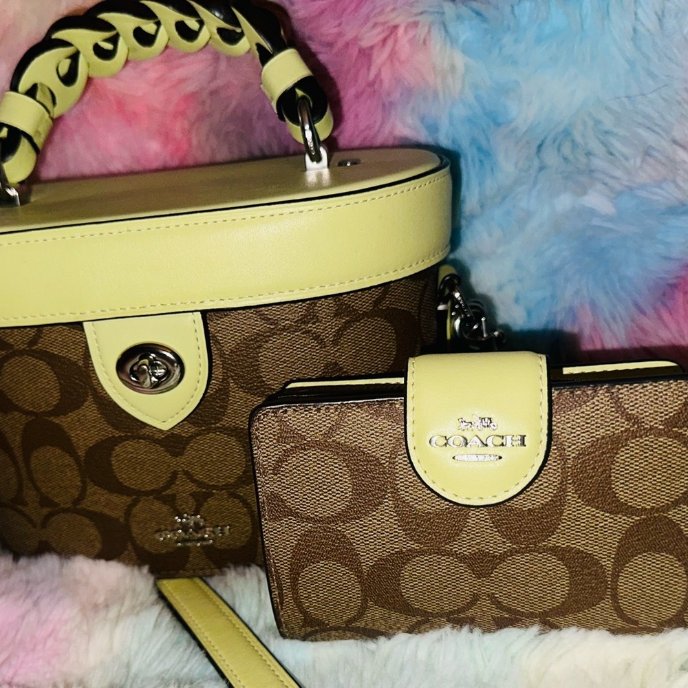Coach Brown and light lime Signature Satchel and wallet
